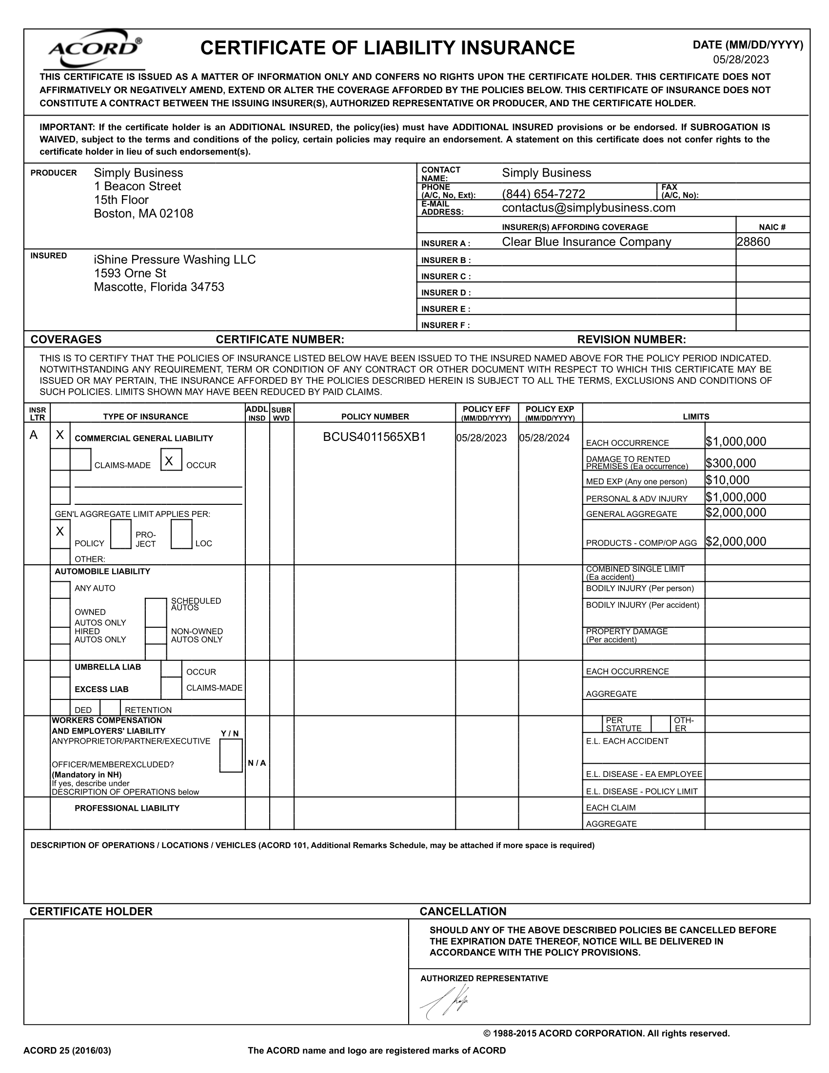 Ishine insurance certificate